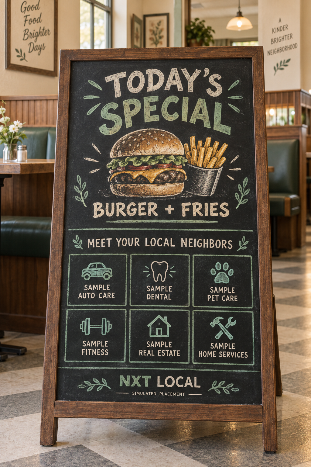 Simulated diner chalkboard pairing a burger-and-fries special with six fictional Sample business ads for auto care, dental, pet care, fitness, real estate, and home services.